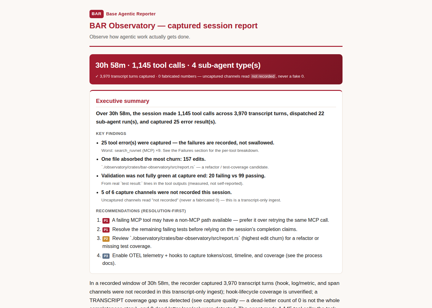 A BAR Observatory report open in a browser, showing the executive summary, key findings, and prioritized recommendations for one real captured session.