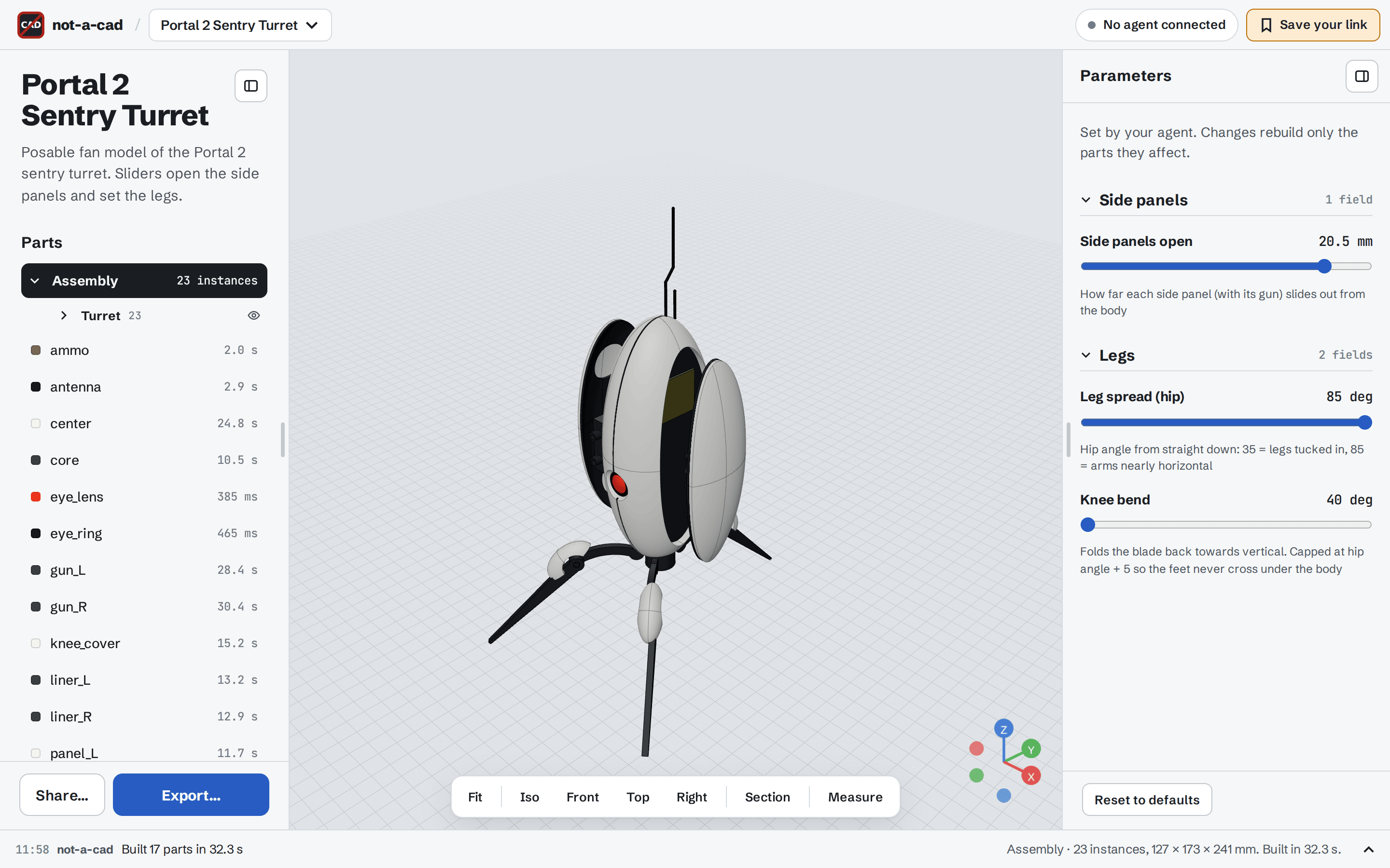 Workspace: a posable turret with its parts, assembly and parameters