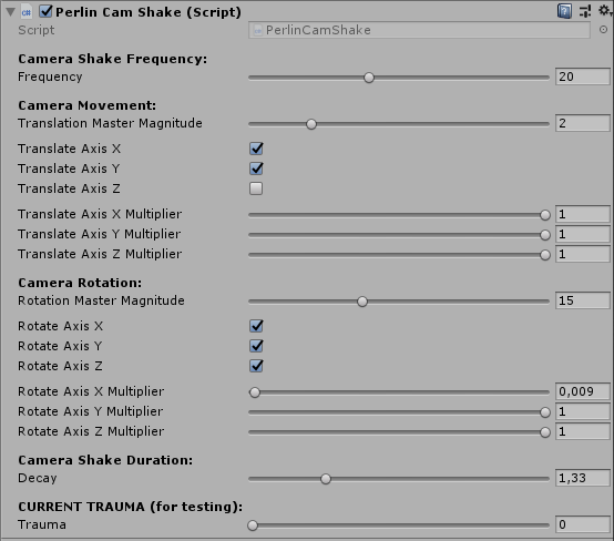 Editor customization options of the Perlin Camera Shake component