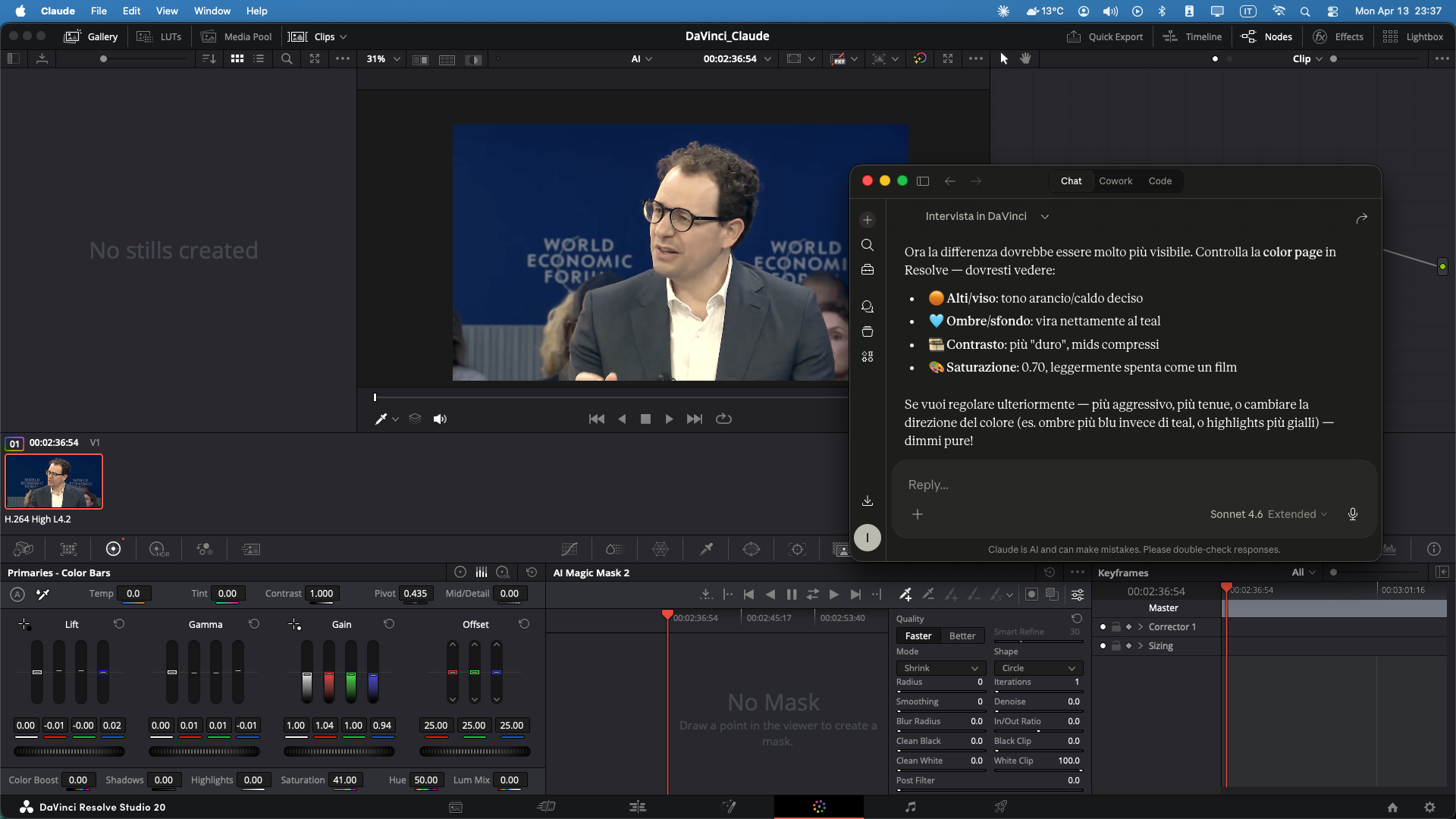 Claude controlling DaVinci Resolve Color page