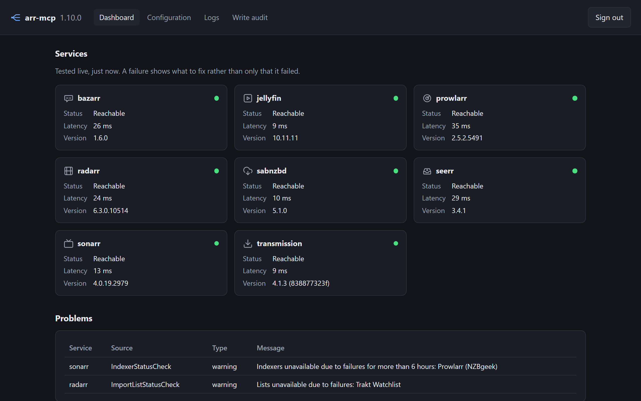The arr-mcp dashboard: every configured service tested live, with status, latency and version
