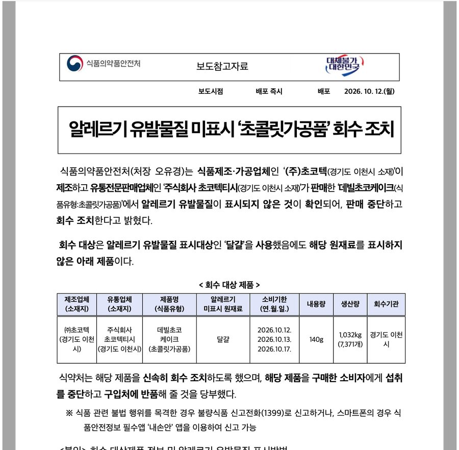 알레르기 유발물질 미표시 초콜릿가공품 회수 조치 식약처 보도참고자료 화면