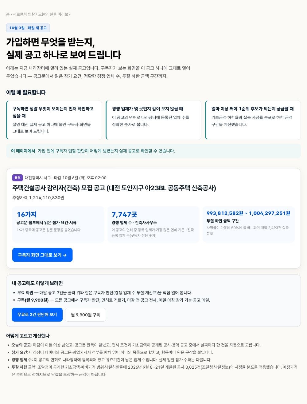 오늘의 실물 미리보기 참가 요건 16가지 경쟁 업체 수 7,747곳 투찰 하한 금액 구간