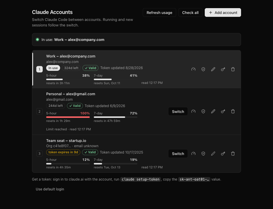 Manage accounts page