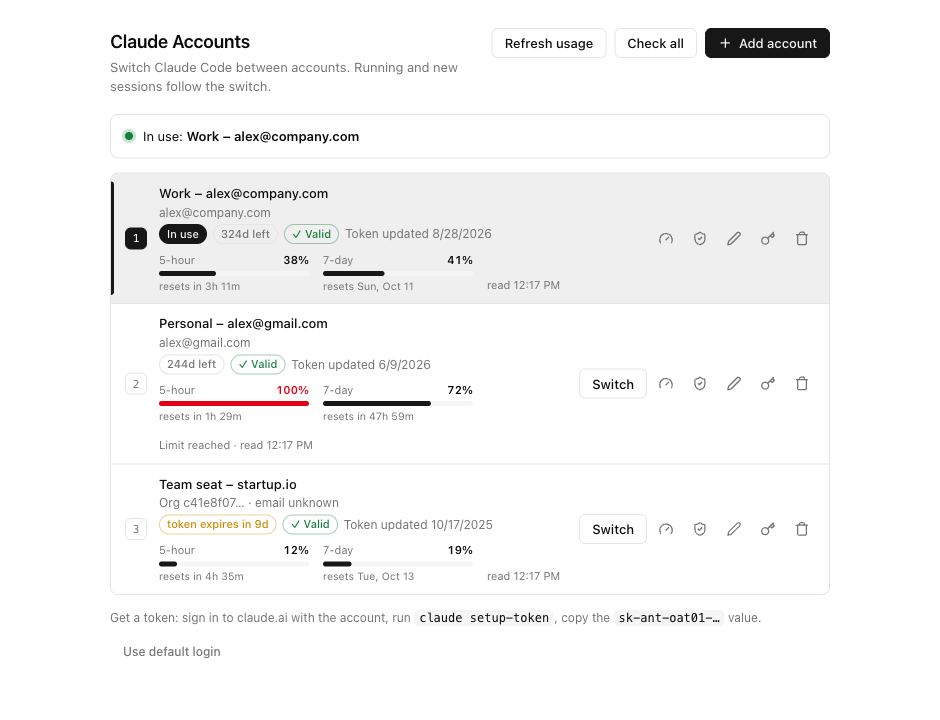 Manage accounts page, light theme