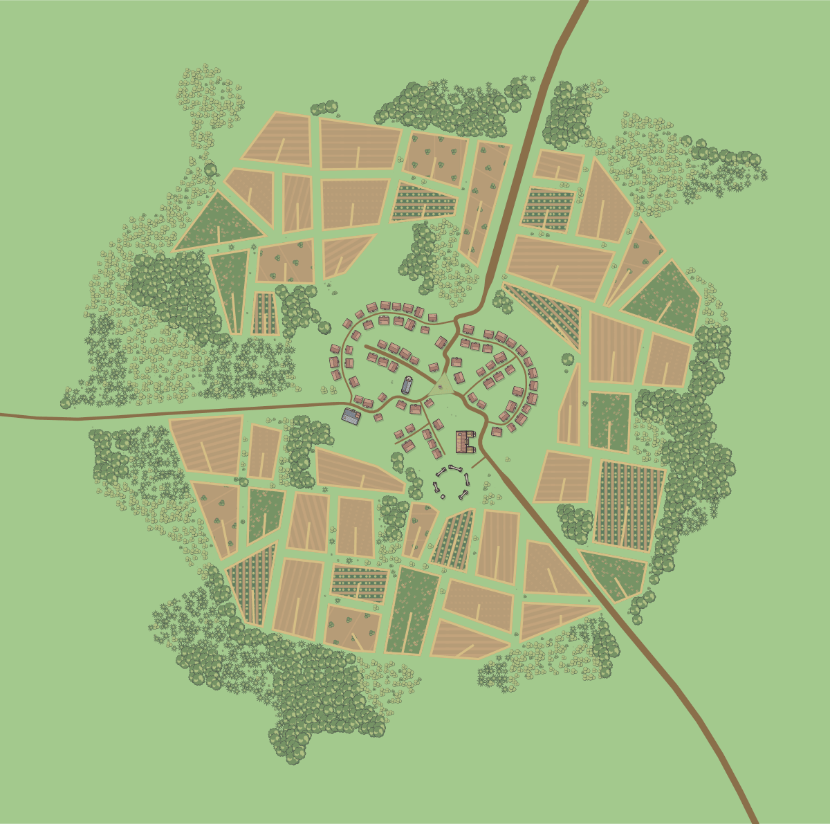 Ashford: a generated temperate village with individual homes, roads and fields