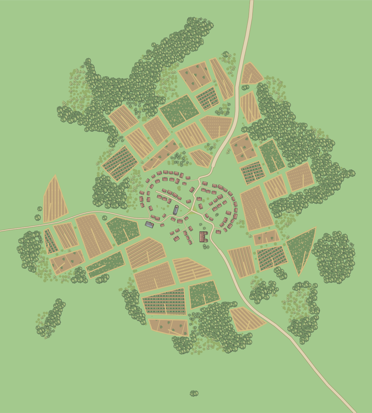 Ashford: a generated temperate village with individual homes, roads and fields