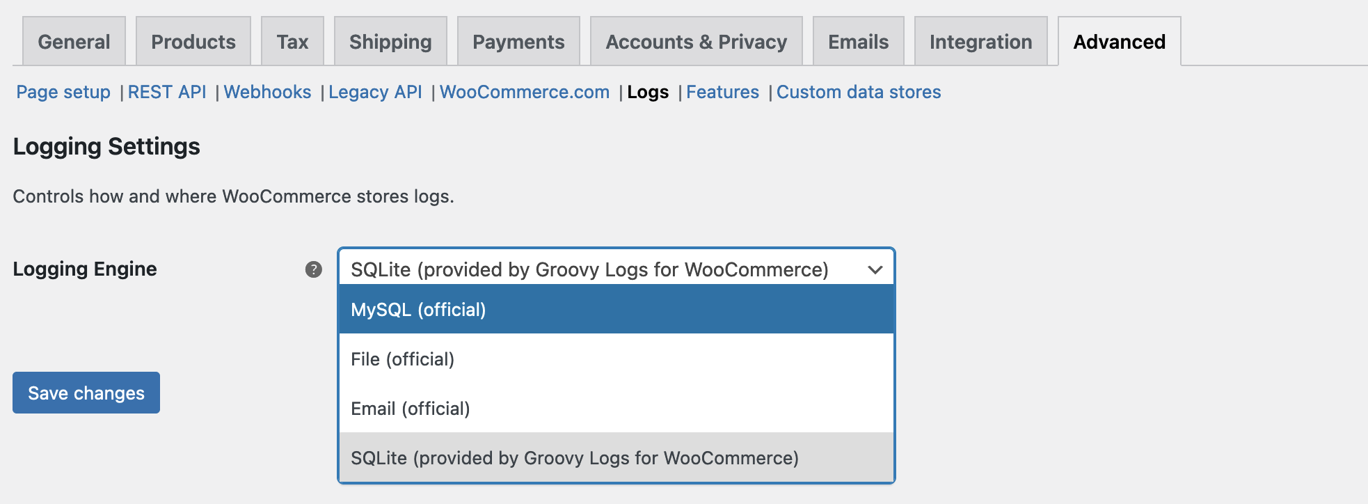 Logging Settings found via WooCommerce ▸ Settings ▸ Advanced ▸ Logs