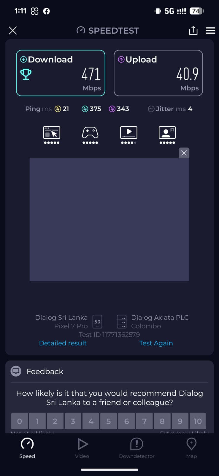Dialog 5G field speed test: 471 Mbps down and 40.9 Mbps up
