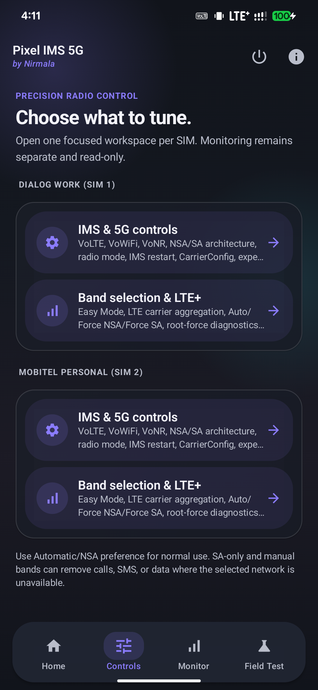 Pixel IMS 5G 1.0.5 Controls page