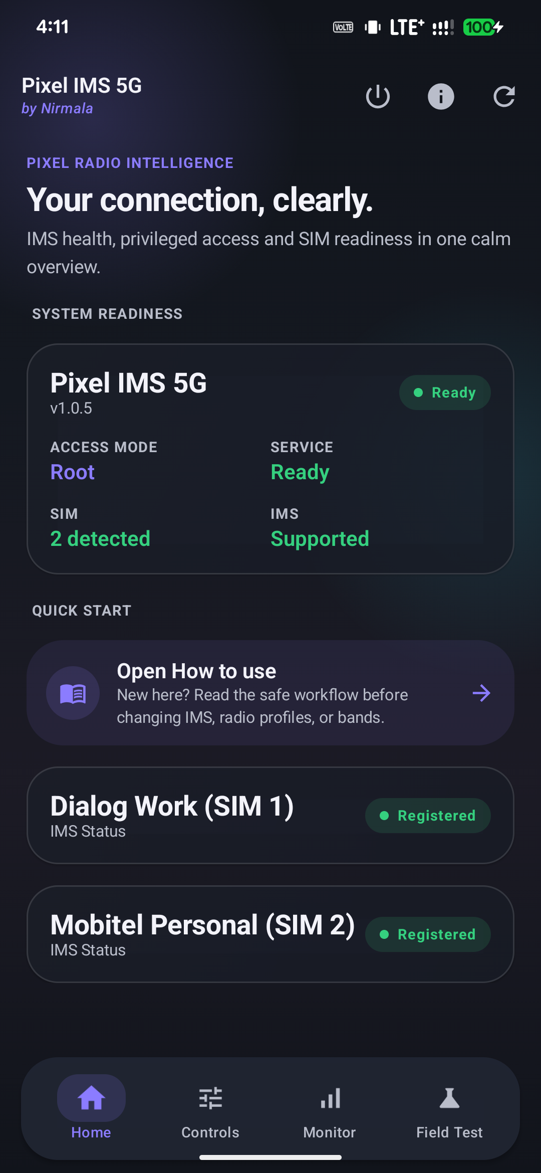 Pixel IMS 5G 1.0.5 Home with boxed VoLTE status icon
