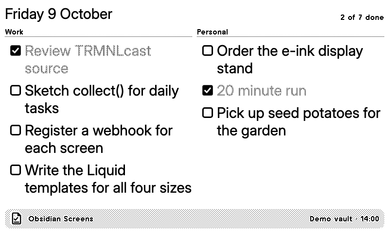 Today's daily note tasks on a TRMNL