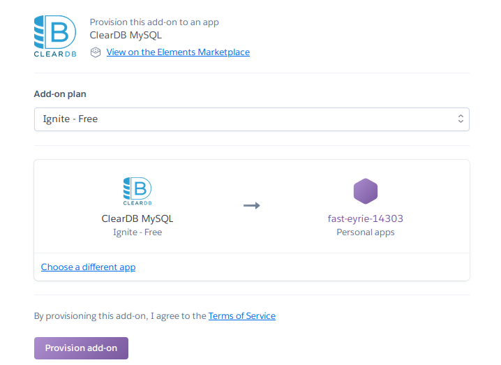 Screenshot of Heroku Dashboard showing ClearDB MySQL being provisioned to a personal app