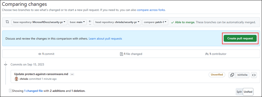Screenshot of how to select the green Create pull request button on the Comparing changes page.