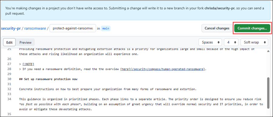 Screenshot of how to select the green Commit changes button on the article editor page.