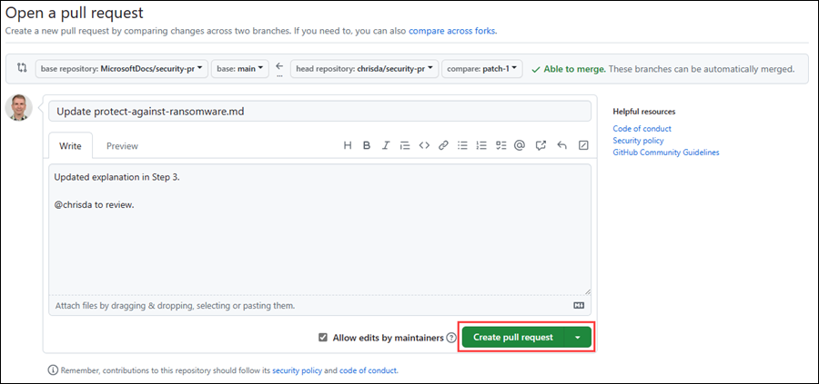 Screenshot of how to select the green Create pull request button on the Open a pull request page.