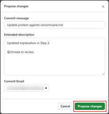 Screenshot of how to select the green Propose changes button in the Propose changes dialog.