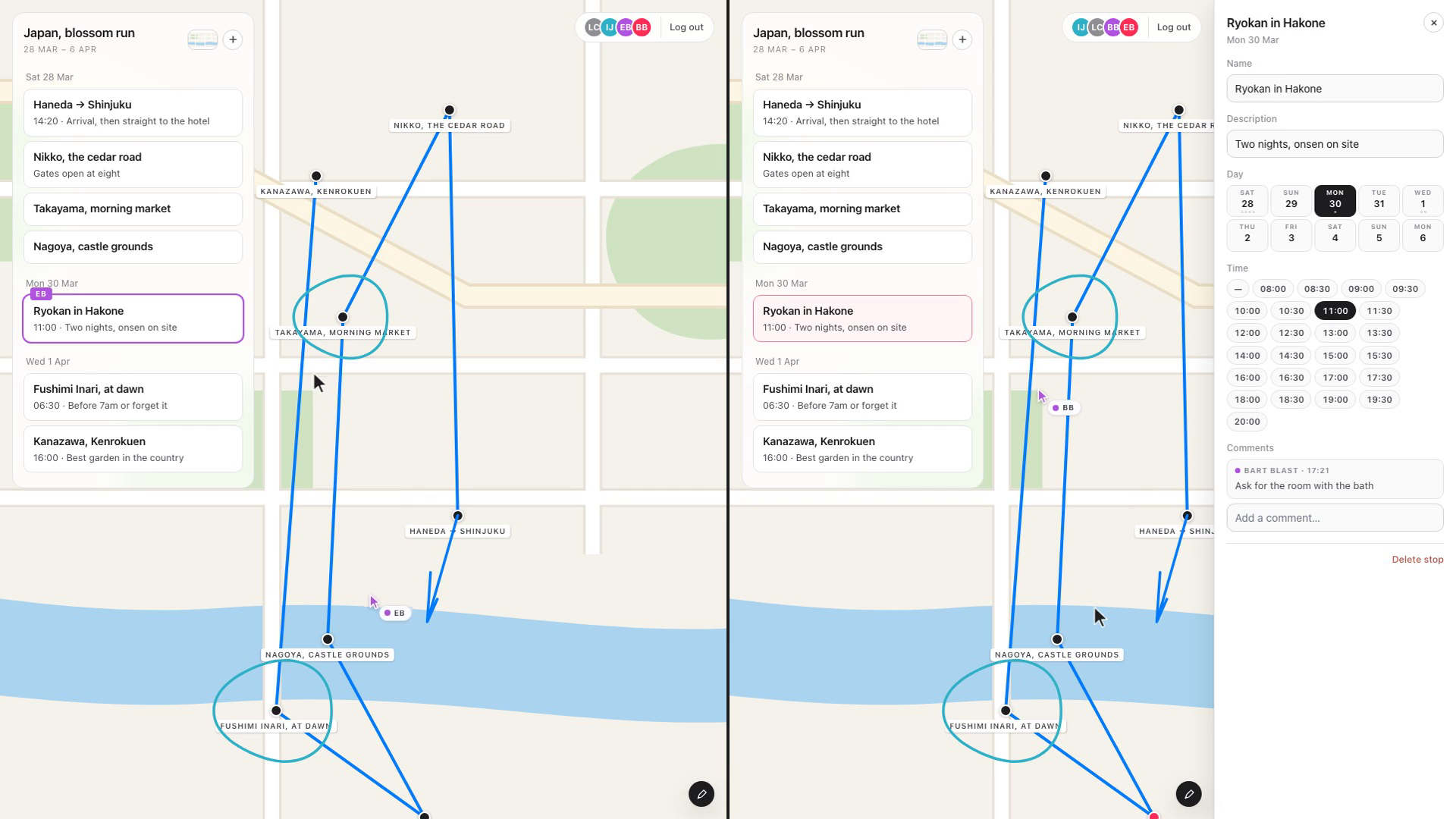 Two browser windows on the same trip. Each lists six stops by day down the left, with pins and a route on the map, two people's ink, and the other person's pointer. On the right a stop is open with a remark on it; on the left that stop's row carries a mark showing who has it open.