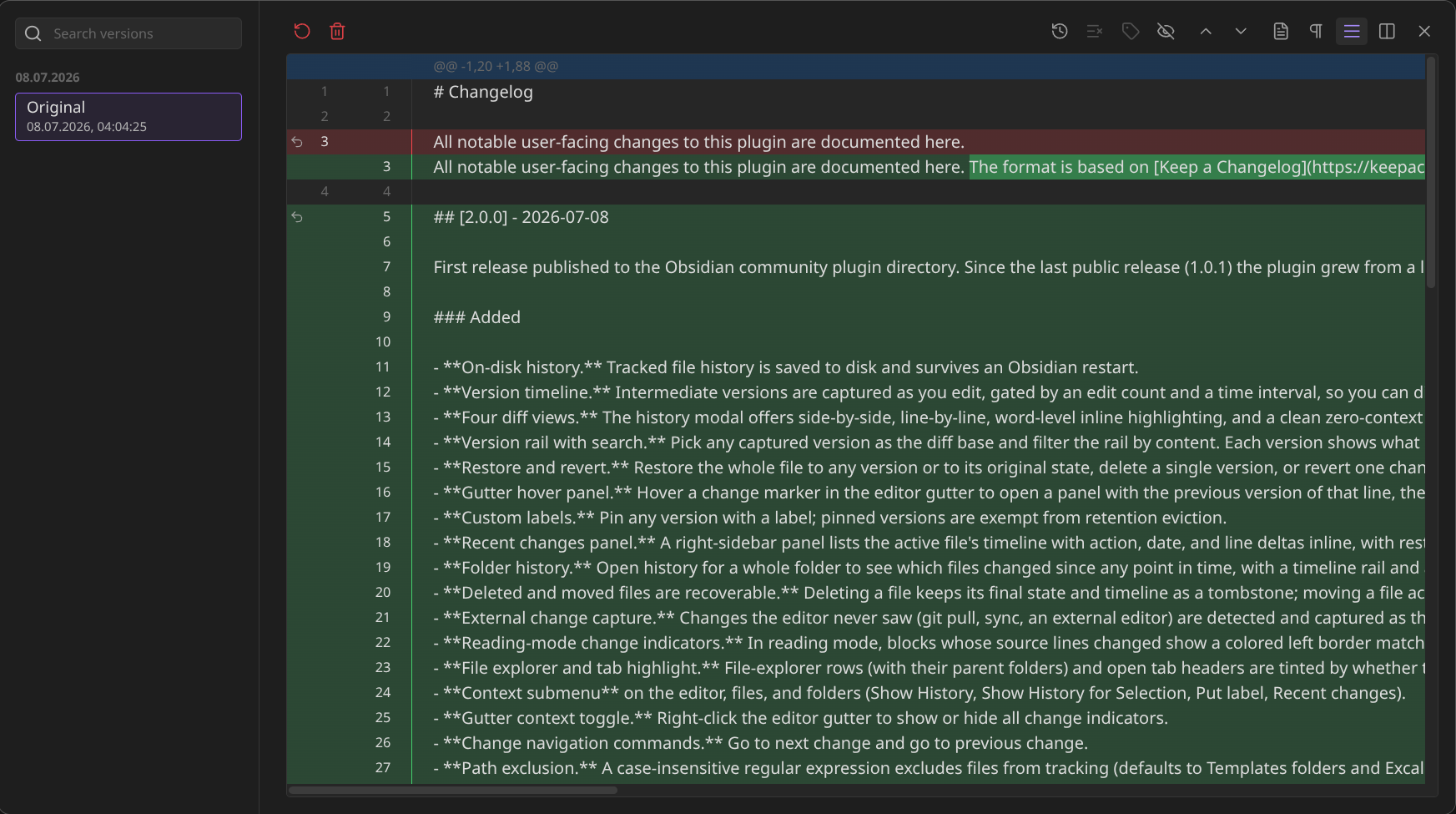 Line-by-line diff of two versions