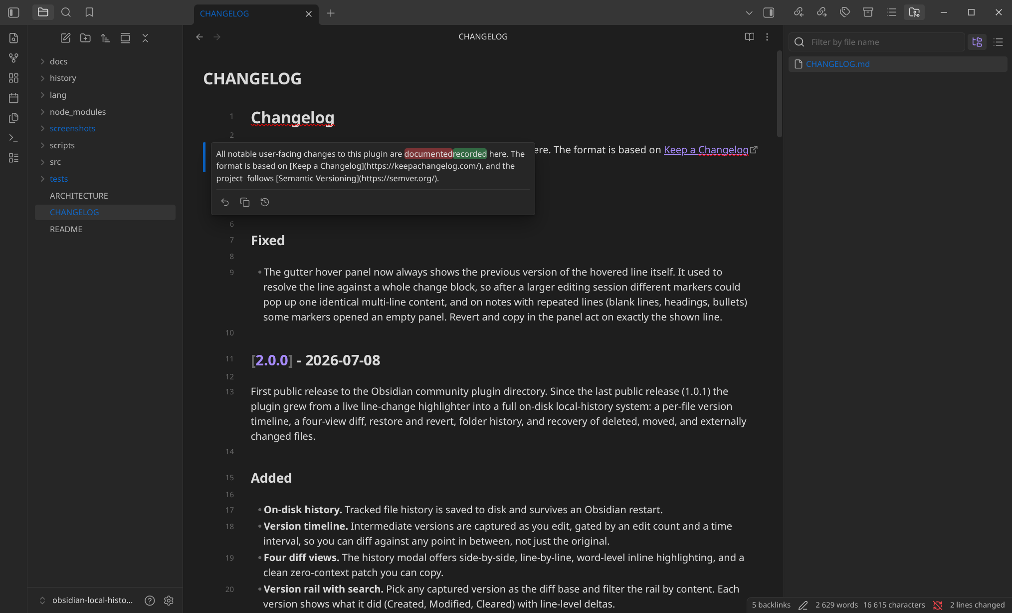Gutter hover panel showing the previous version of a changed line