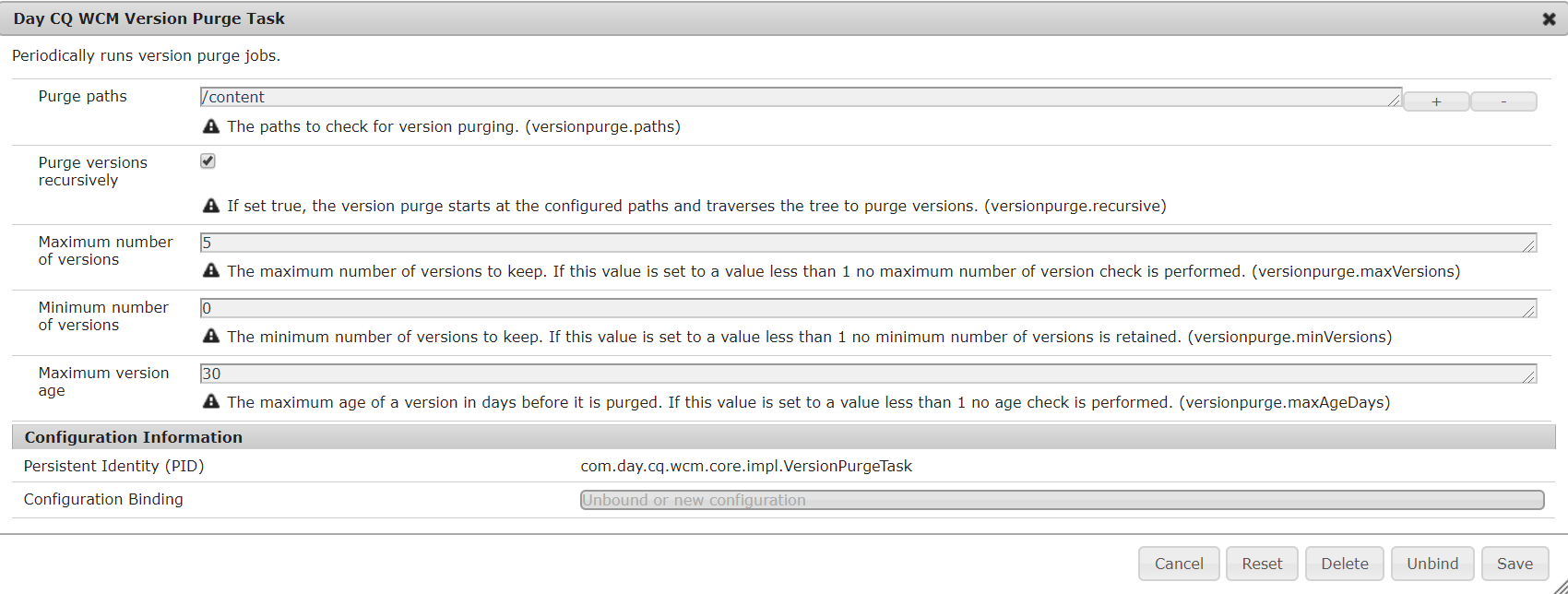 Purge task OSGI config 