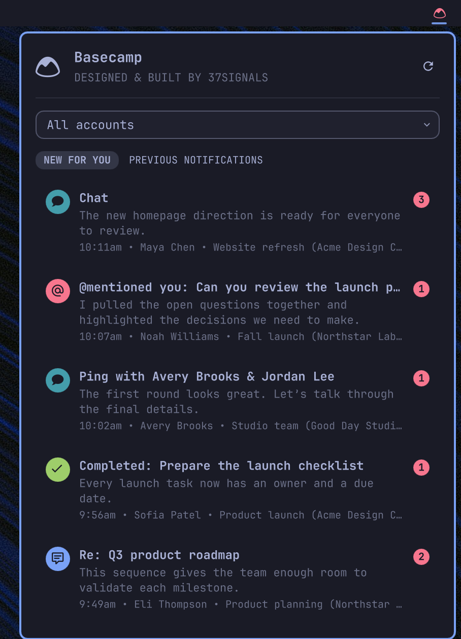 Basecamp notification panel in Omarchy