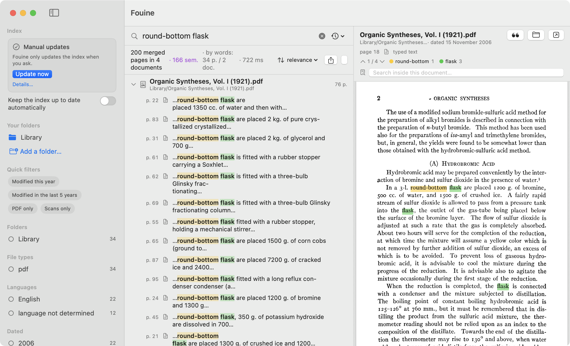 Fouine's main window. A search for "round-bottom flask" across a library of
chemistry books; the results list one page per hit, and the right-hand pane
shows page 18 of a 1921 PDF with both words highlighted in the
text.