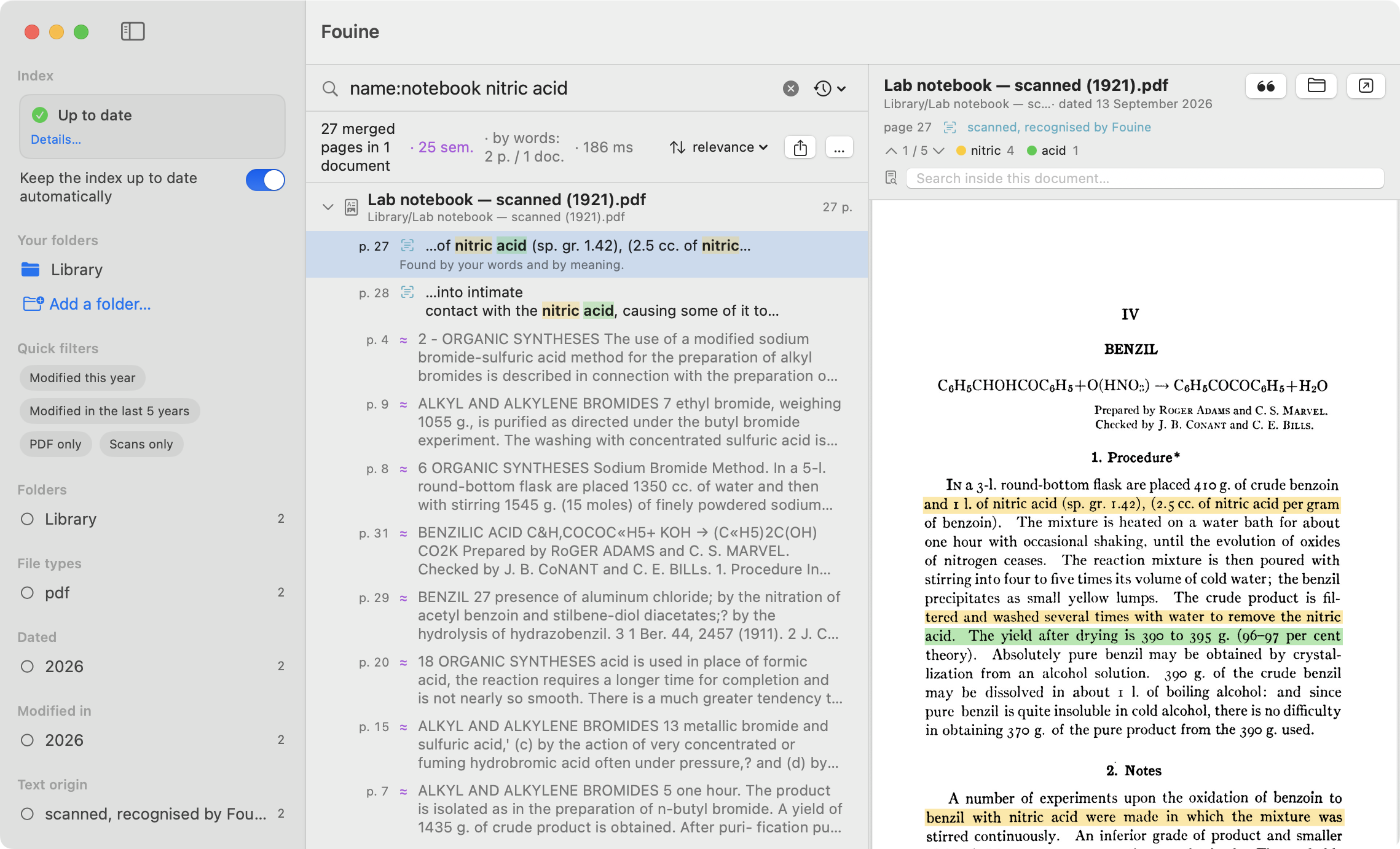 A search for "name:notebook nitric acid" in a scanned PDF that carries no
text layer. The sidebar counts the page under "scanned, recognised by Fouine",
and the highlights are drawn on the image of page 27.
