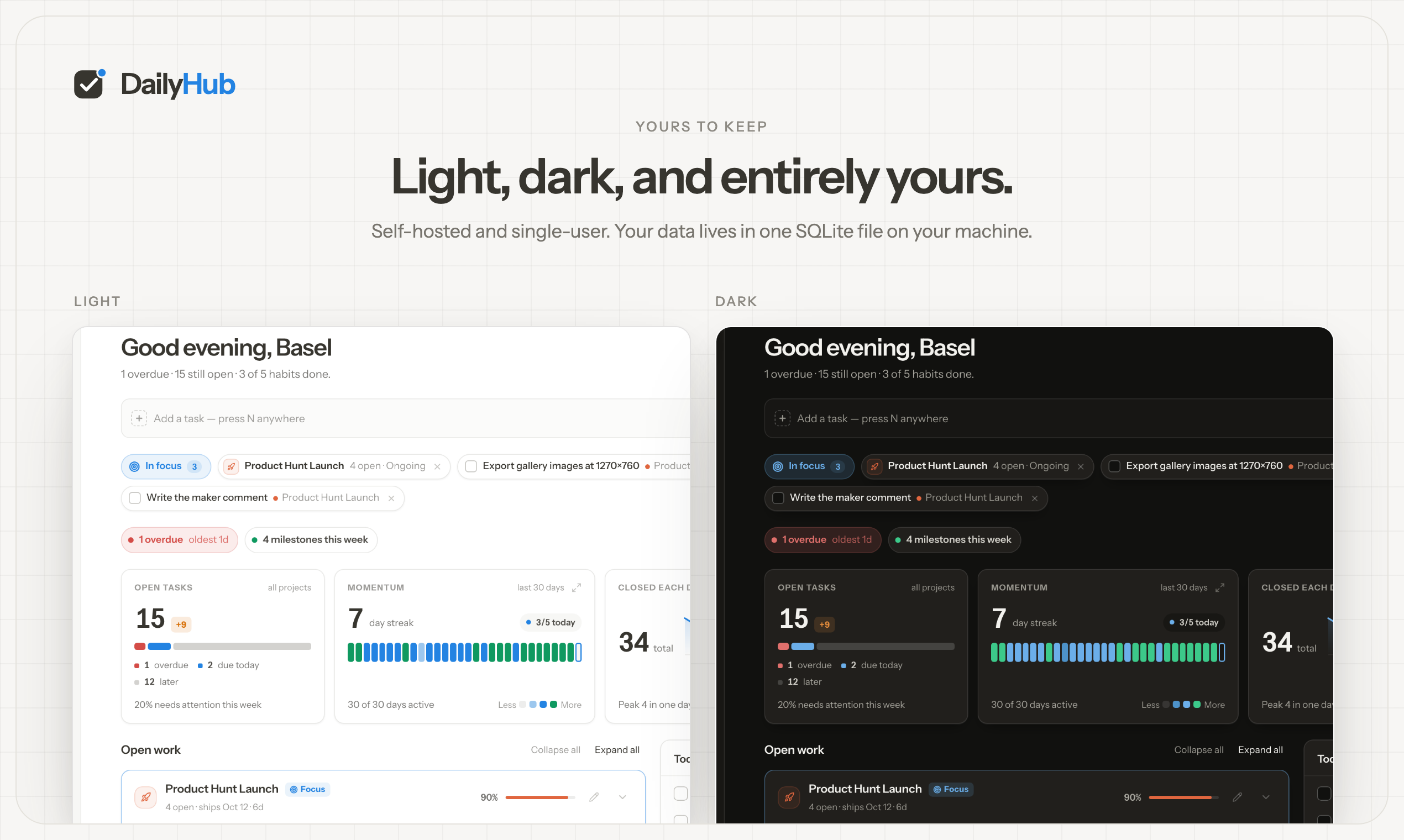 DailyHub in light and dark themes, side by side.