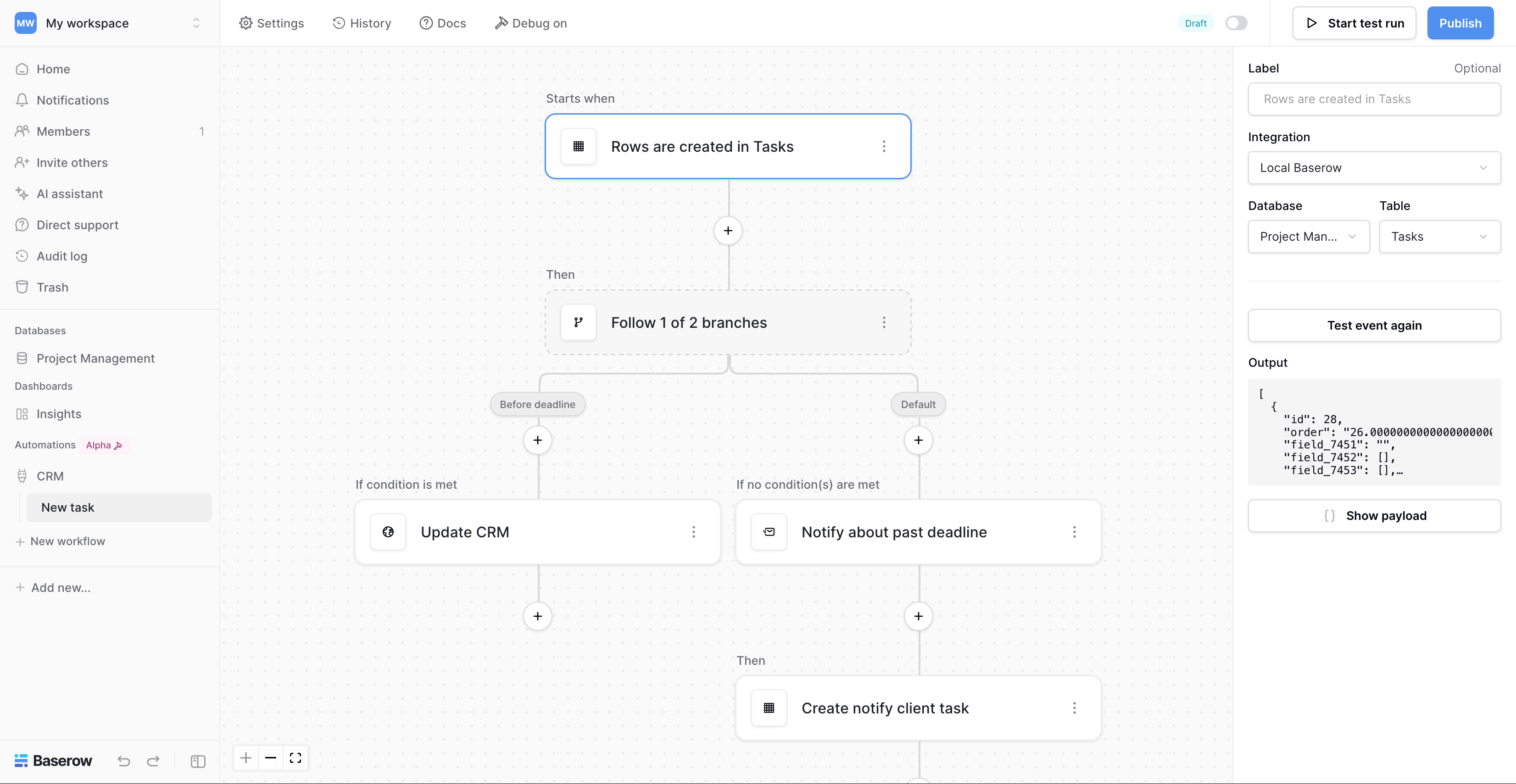 Baserow automations screenshot Baserow application builder