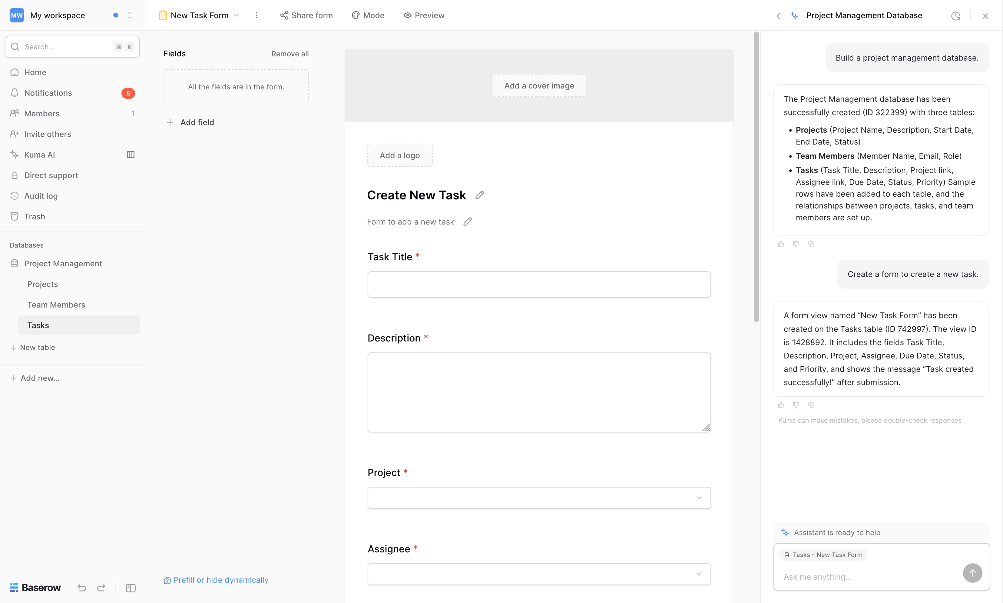 Baserow form view and Kuma screenshot Baserow form screenshot