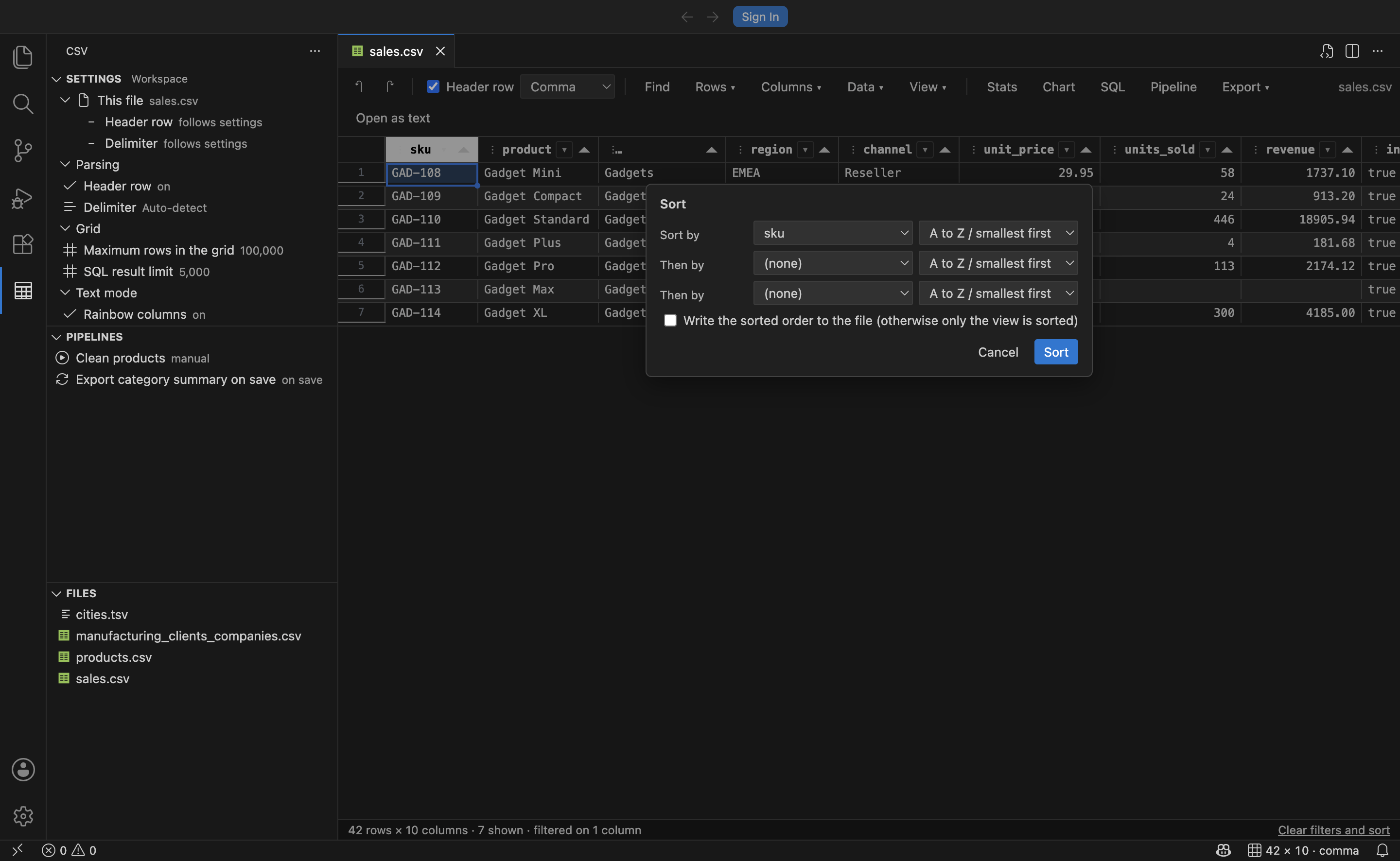 Sort dialog