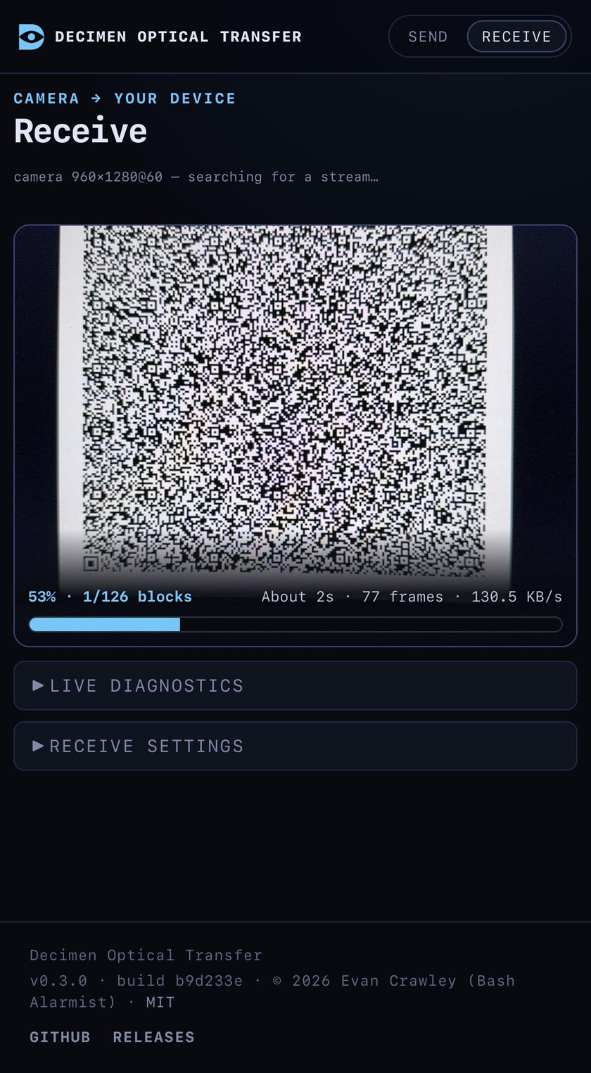 Photo from the Decimen README showing a phone receiving a 2 MB image over light at roughly 129 KB/s from animated QR frames