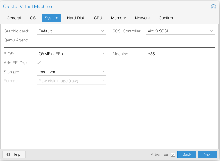 Screenshot of Create Virtual Machine - System option with OVMF BIOS and q35 machine selected