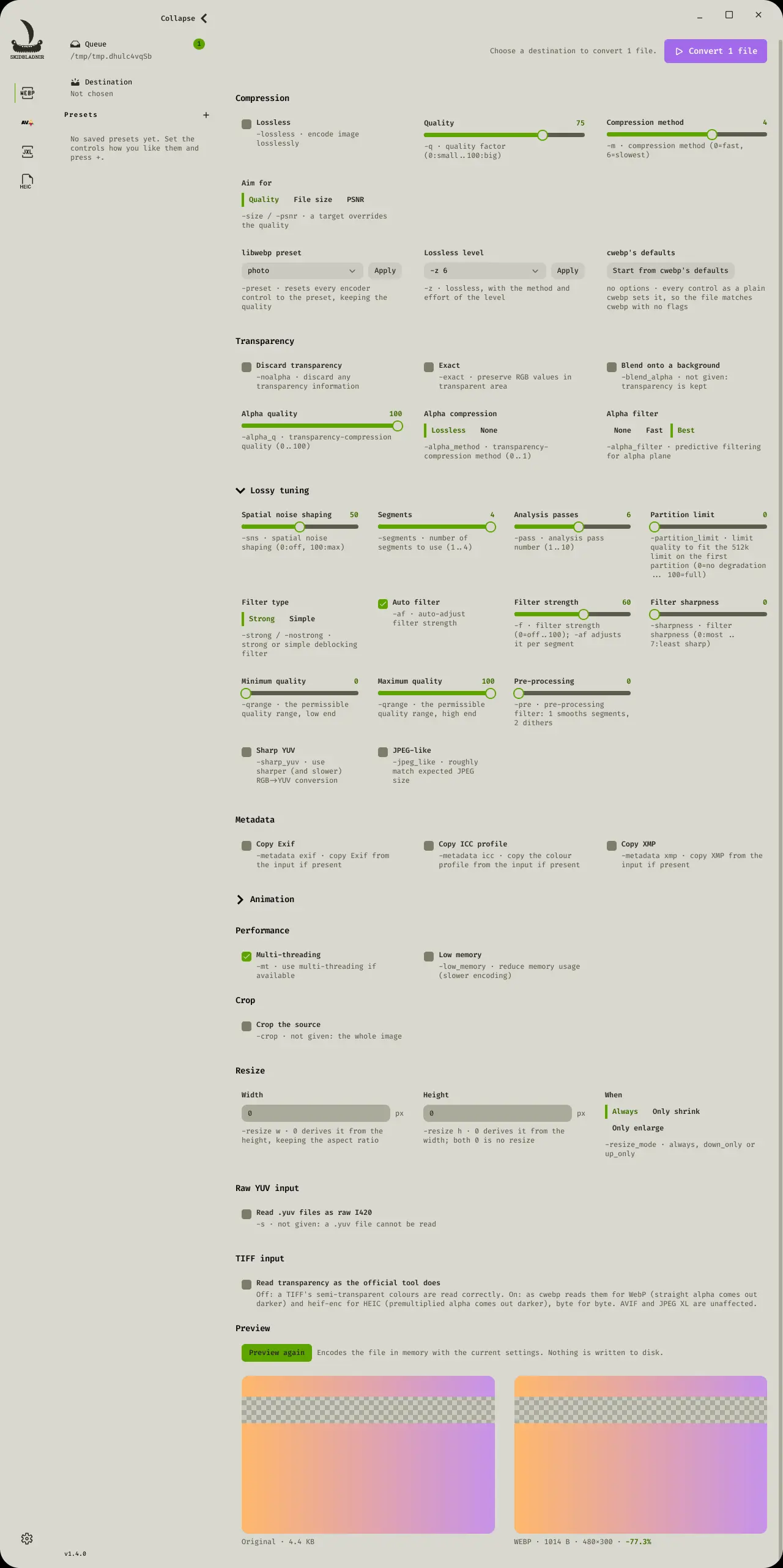 The Skidbladnir window with WebP selected: the format rail, the queue, destination and presets sidebar, and every cwebp option as a control labelled with its flag — compression, targets, presets and lossless levels, transparency, lossy tuning, metadata, animation, performance, crop and resize, raw YUV and TIFF input — with a preview of the result beside the original