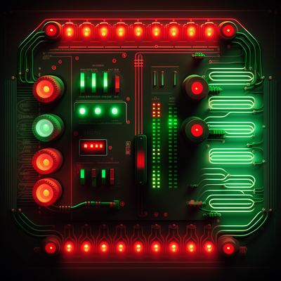 image of a hardware circuit with red and green light bulbs