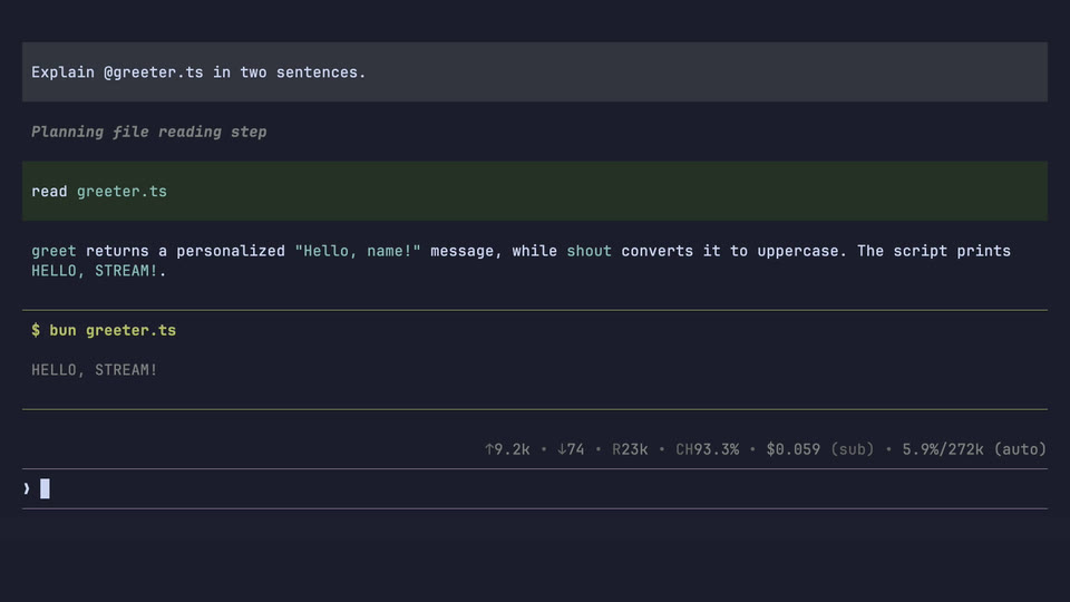 Atomic session answering a question about greeter.ts through an @ file reference, then running the file with an inline ! shell command
