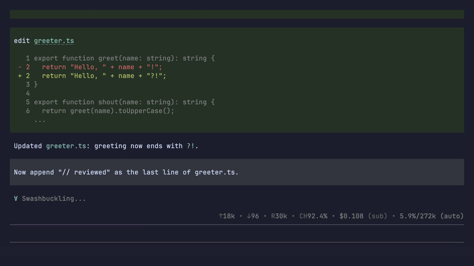 Atomic applying a hashline edit anchored to a snapshot tag, showing the replace operation and the fresh tag it returns