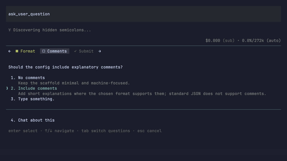 Atomic replacing the editor with a structured multiple-choice question UI that asks which config format to use