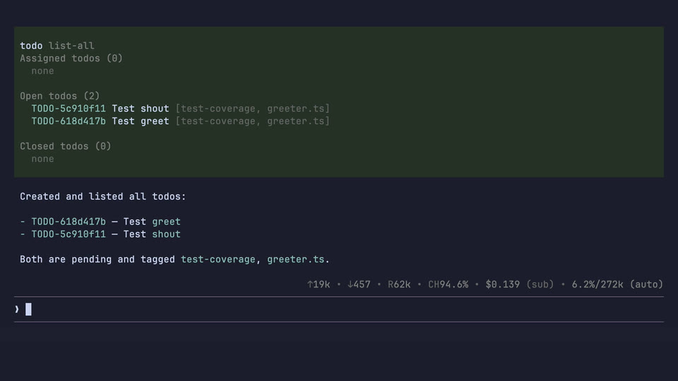 Atomic creating todos with the todo tool and then listing the resulting plain-text files under .atomic/todos