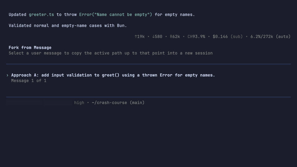 Atomic showing the session tree after a fork, with the branch points listed