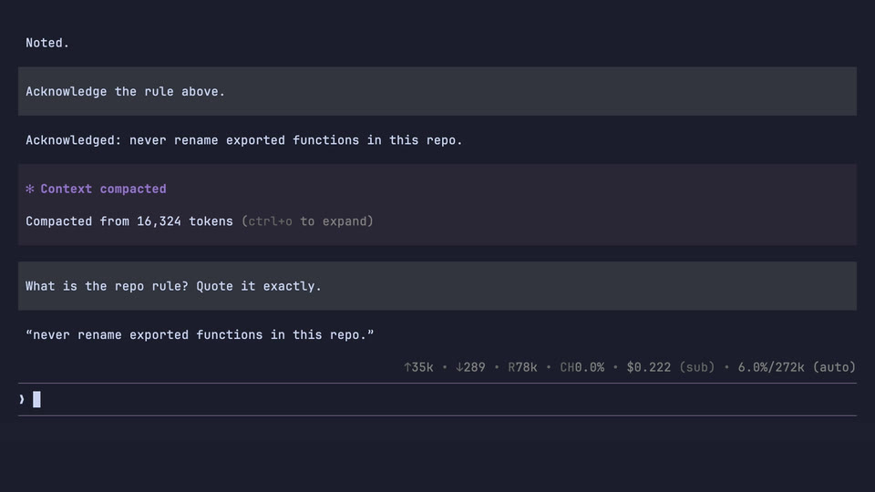 Atomic answering after compaction by quoting the pinned keepContext repo rule back byte-exact