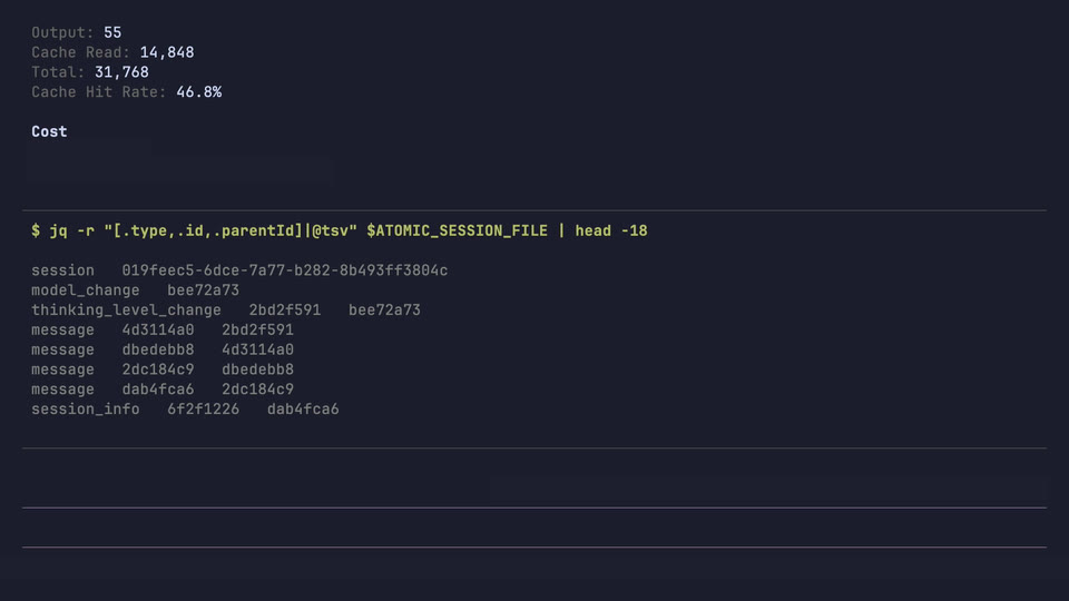 Atomic walking its own session JSONL one event per line, showing each event's type, id, and parent id