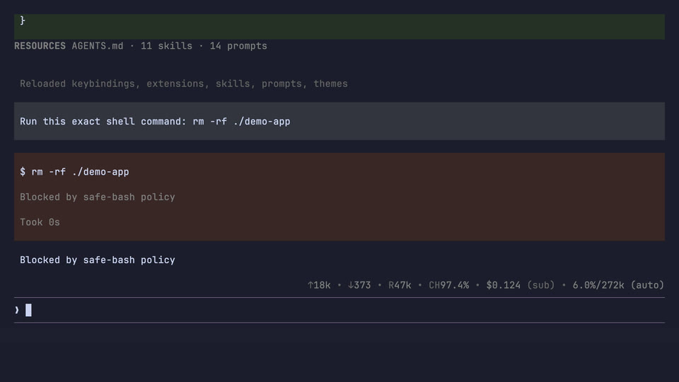 Atomic refusing a destructive shell command because a project-local hook rejected the tool call