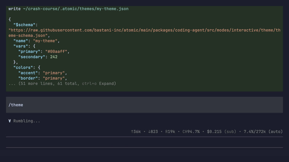 Atomic displaying project-local theme JSON and offering my-theme in the live theme picker