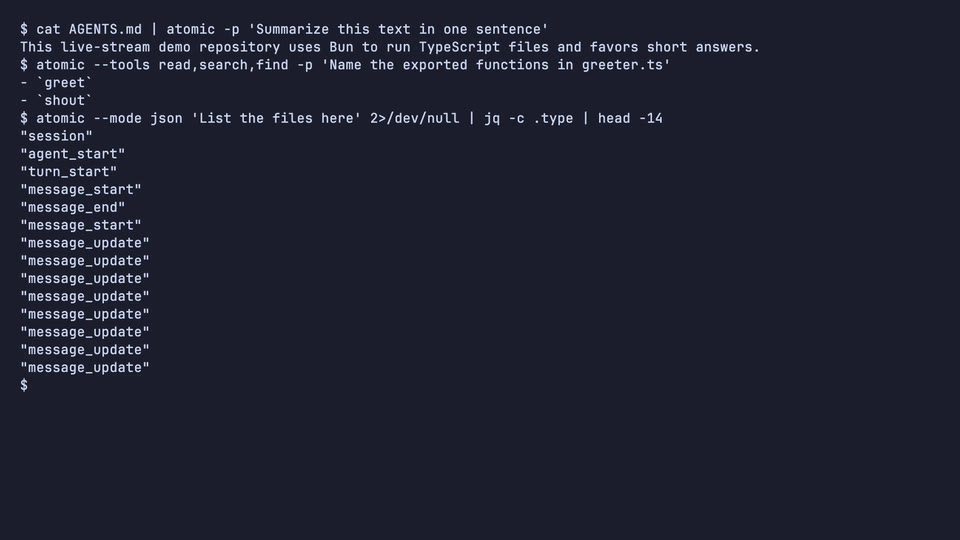 Atomic running headless with -p printing a single answer, then with --mode json streaming structured events
