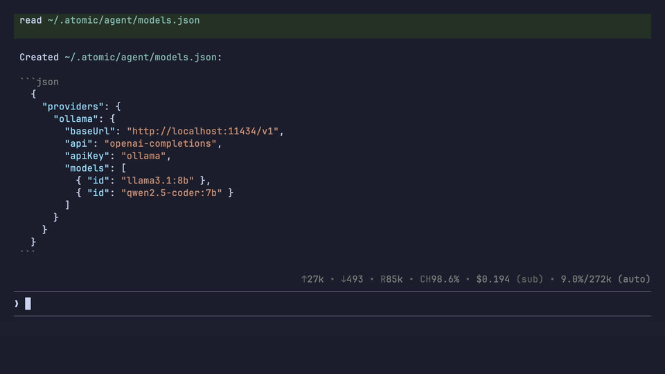 A models.json entry declaring a local OpenAI-compatible endpoint, and Atomic listing the model it adds