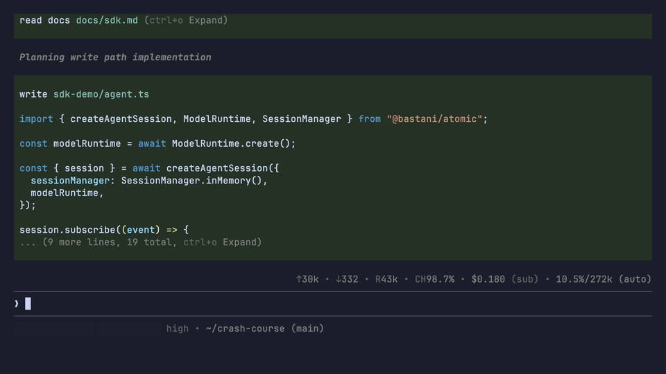 A TypeScript program using the Atomic SDK to run the agent loop and print its streamed output