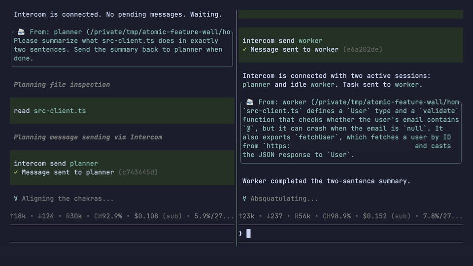 Two Atomic sessions coordinating over intercom, one sending a question and the other replying