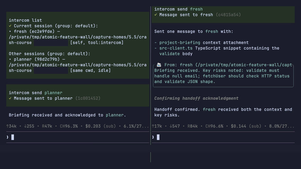 One Atomic session handing a task to another over intercom with file and snippet attachments